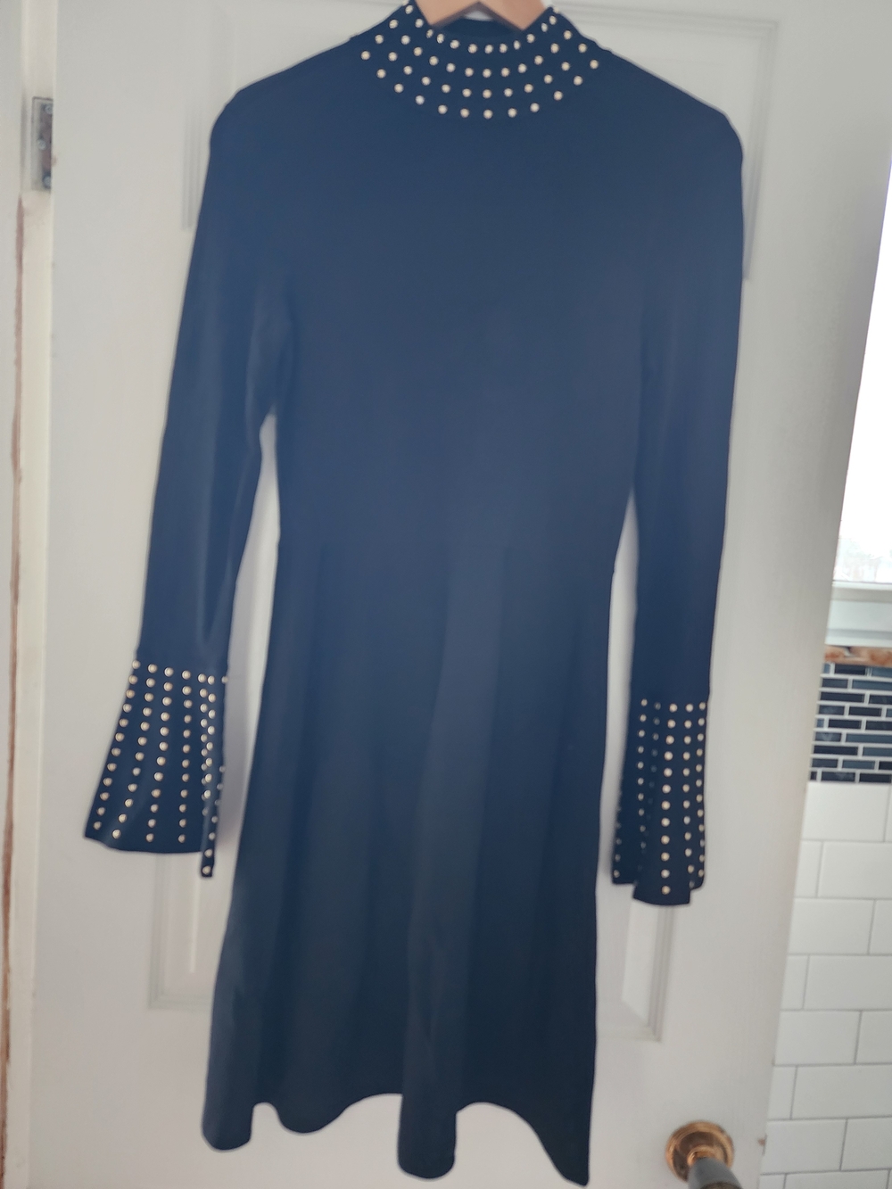 INC International Concepts Black Long Sleeve Dress with Studded Neck and Cuffs